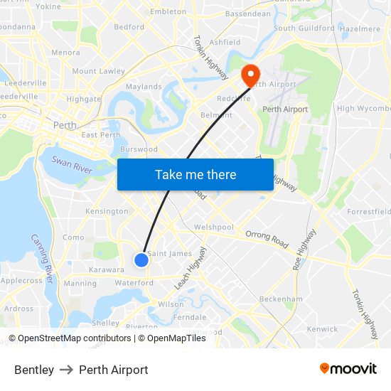 Bentley to Perth Airport map