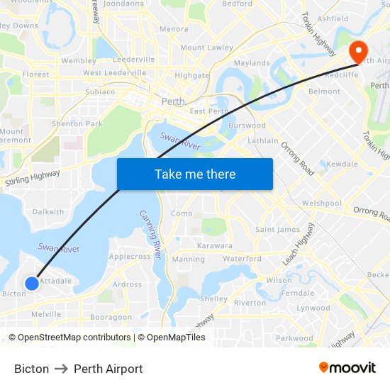 Bicton to Perth Airport map