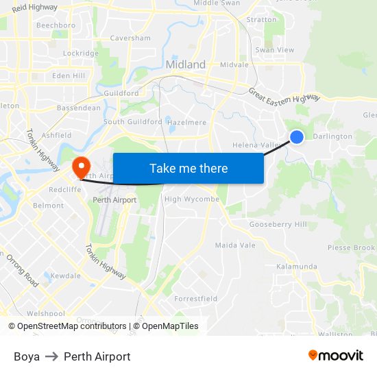 Boya to Perth Airport map