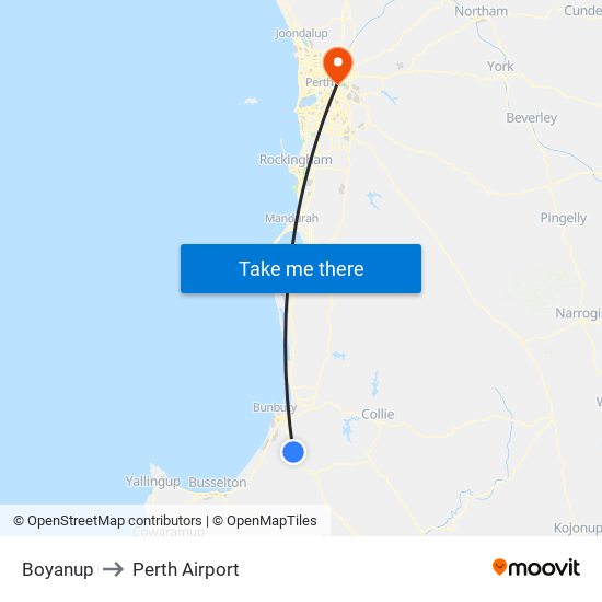 Boyanup to Perth Airport map