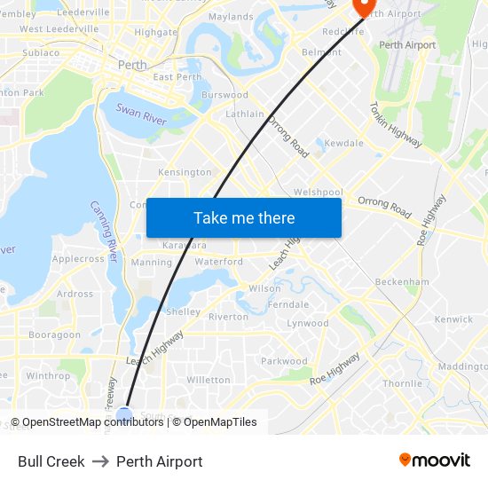 Bull Creek to Perth Airport map