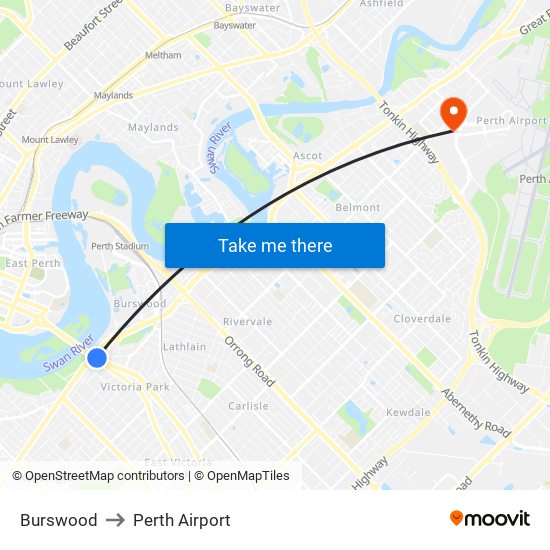 Burswood to Perth Airport map