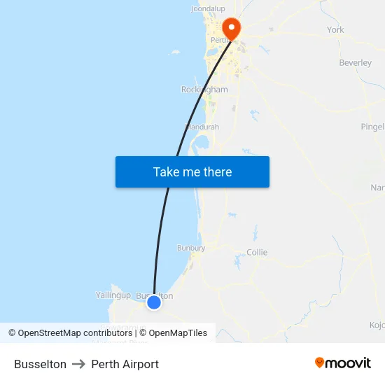 Busselton to Perth Airport map