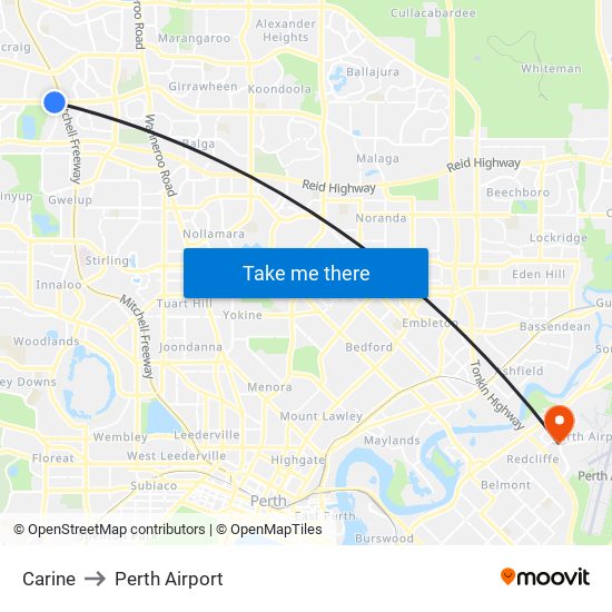 Carine to Perth Airport map