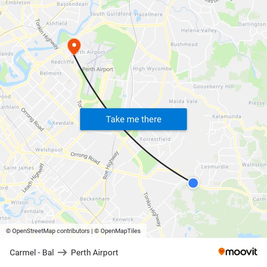 Carmel - Bal to Perth Airport map