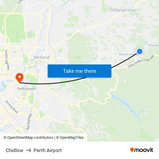 Chidlow to Perth Airport map