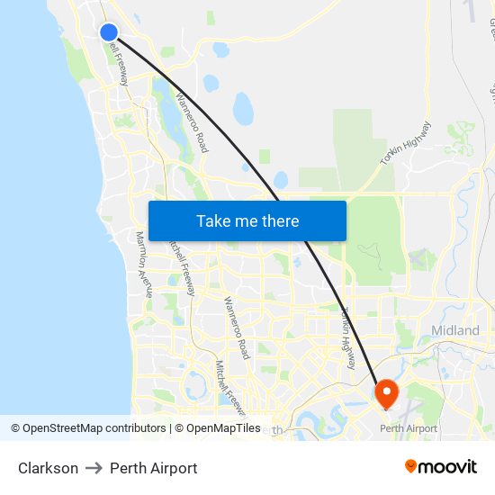 Clarkson to Perth Airport map