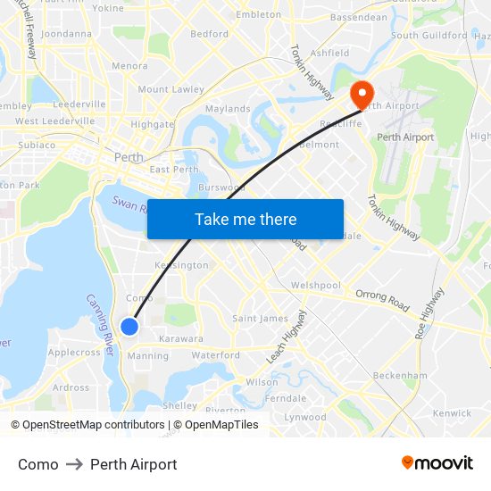 Como to Perth Airport map