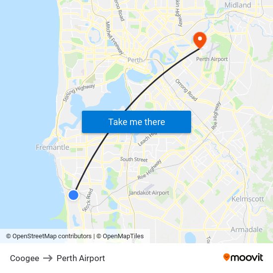 Coogee to Perth Airport map