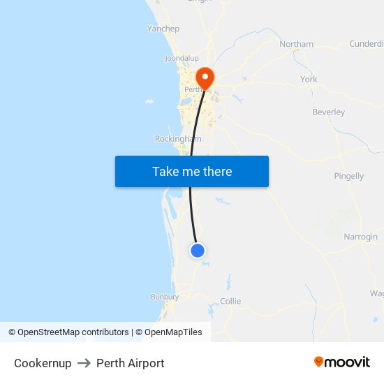Cookernup to Perth Airport map