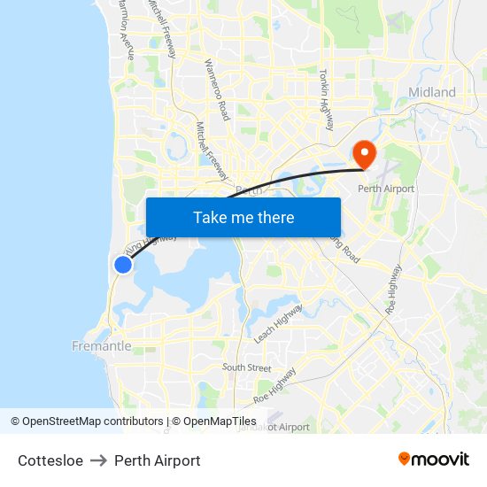 Cottesloe to Perth Airport map
