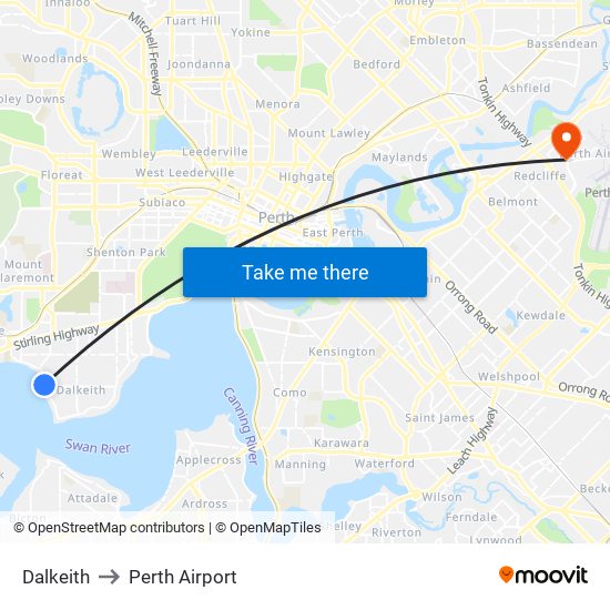 Dalkeith to Perth Airport map