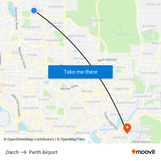 Darch to Perth Airport map