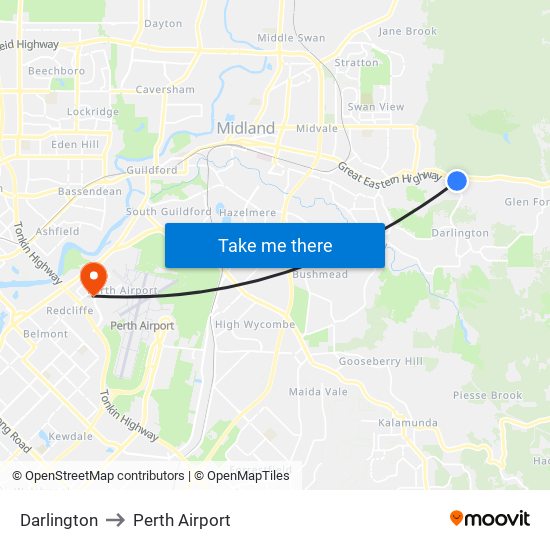 Darlington to Perth Airport map