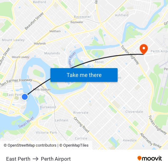 East Perth to Perth Airport map