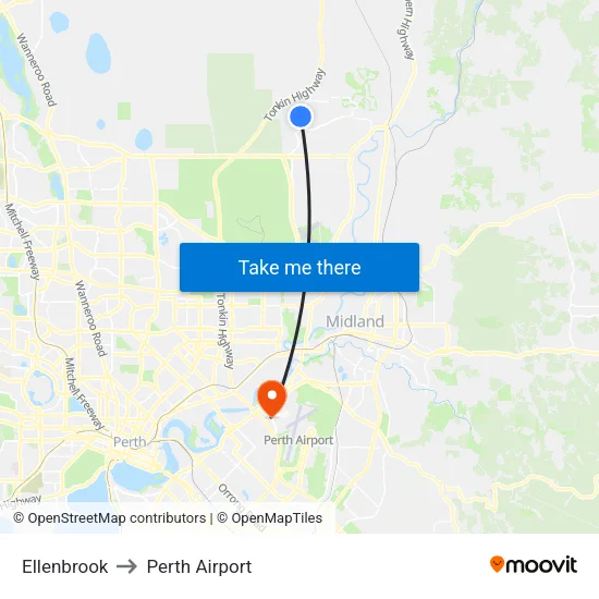 Ellenbrook to Perth Airport map