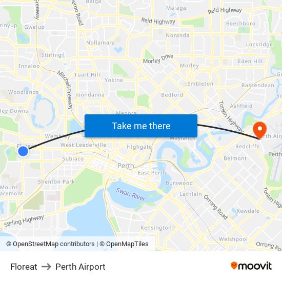Floreat to Perth Airport map