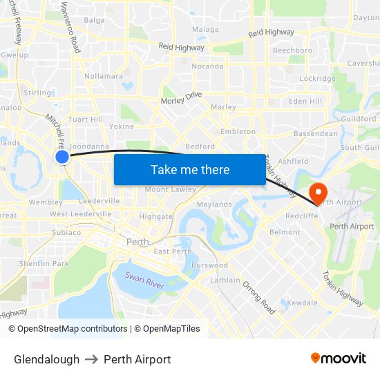 Glendalough to Perth Airport map