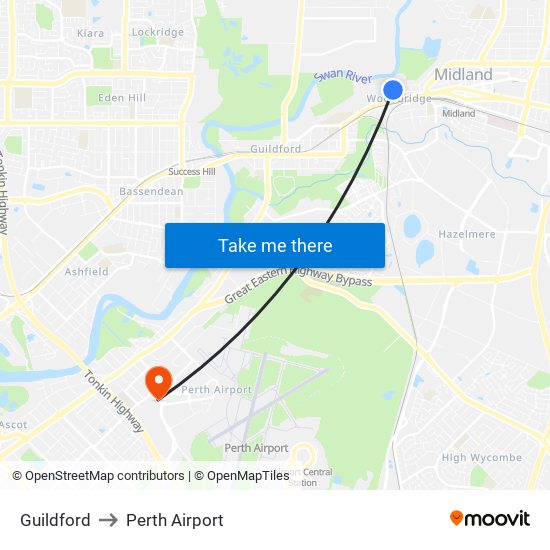 Guildford to Perth Airport map