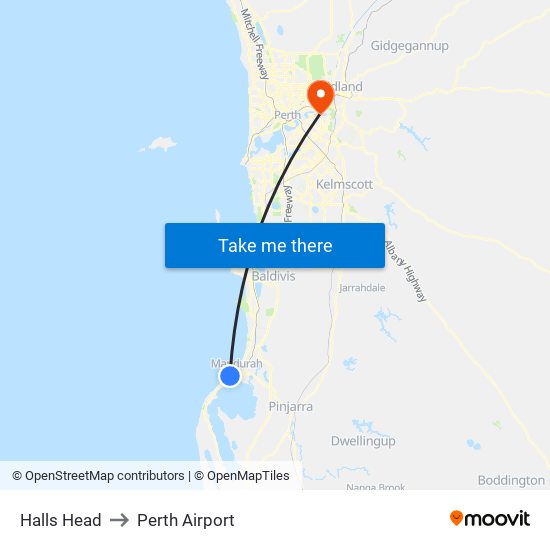 Halls Head to Perth Airport map