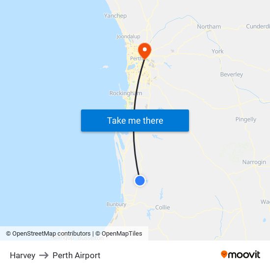 Harvey to Perth Airport map