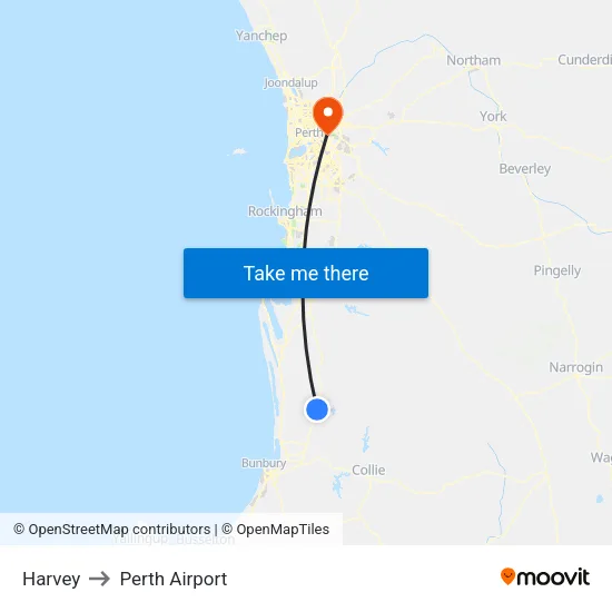 Harvey to Perth Airport map