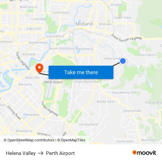 Helena Valley to Perth Airport map