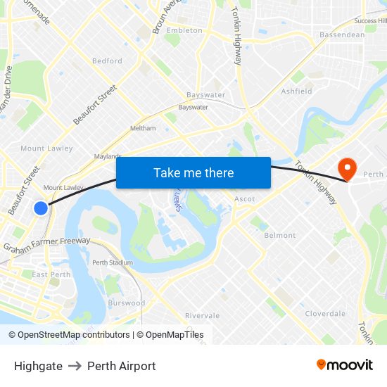 Highgate to Perth Airport map