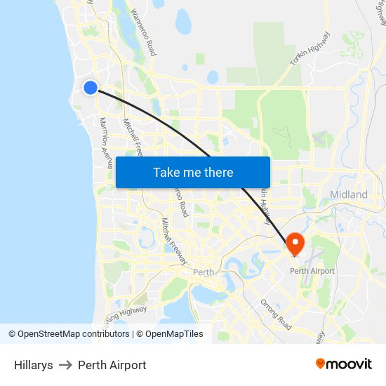 Hillarys to Perth Airport map