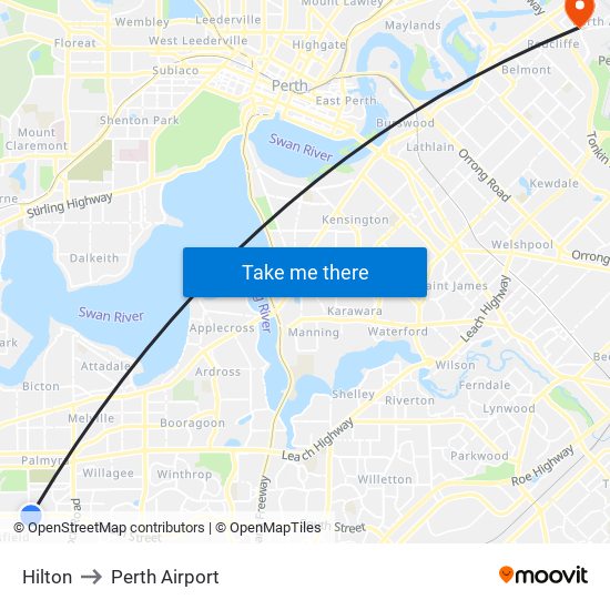 Hilton to Perth Airport map