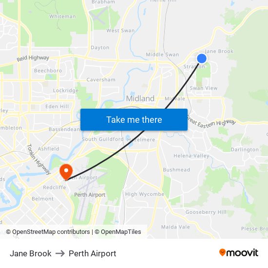 Jane Brook to Perth Airport map