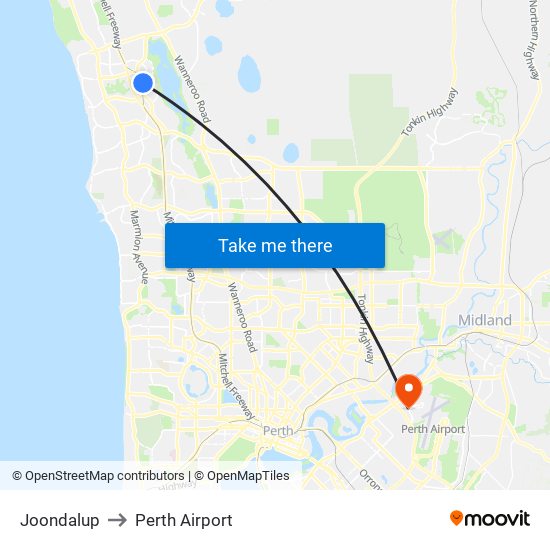 Joondalup to Perth Airport map