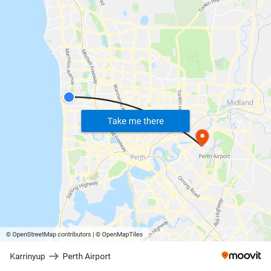 Karrinyup to Perth Airport map