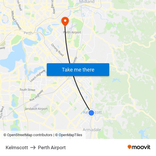 Kelmscott to Perth Airport map