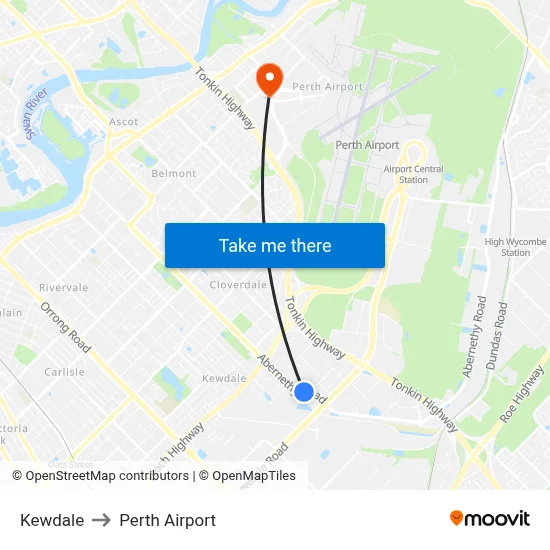 Kewdale to Perth Airport map