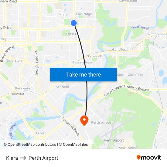 Kiara to Perth Airport map