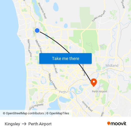 Kingsley to Perth Airport map