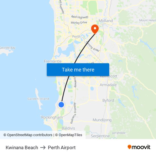 Kwinana Beach to Perth Airport map