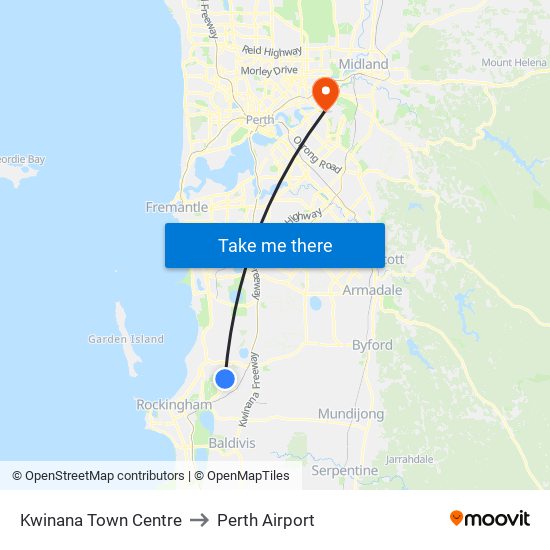 Kwinana Town Centre to Perth Airport map