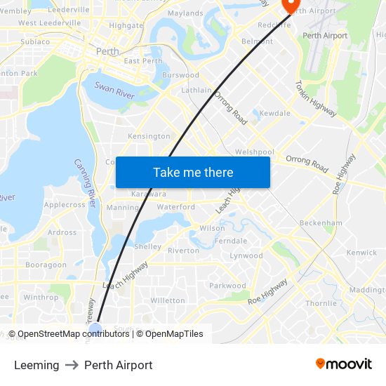 Leeming to Perth Airport map