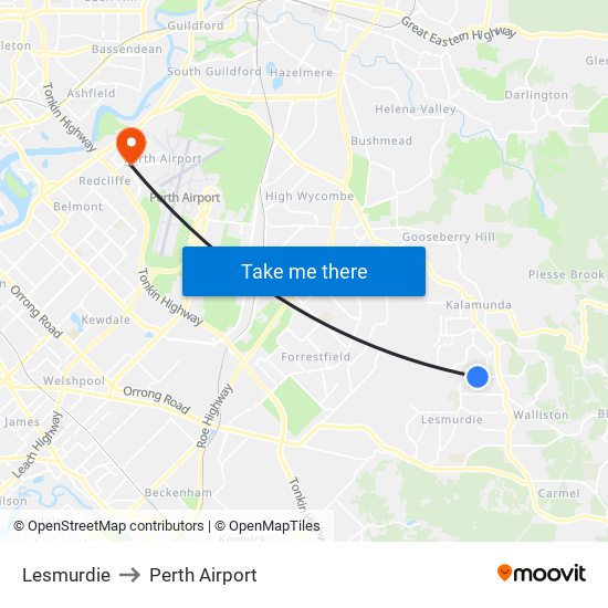 Lesmurdie to Perth Airport map