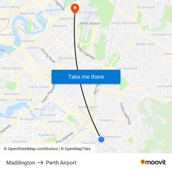 Maddington to Perth Airport map