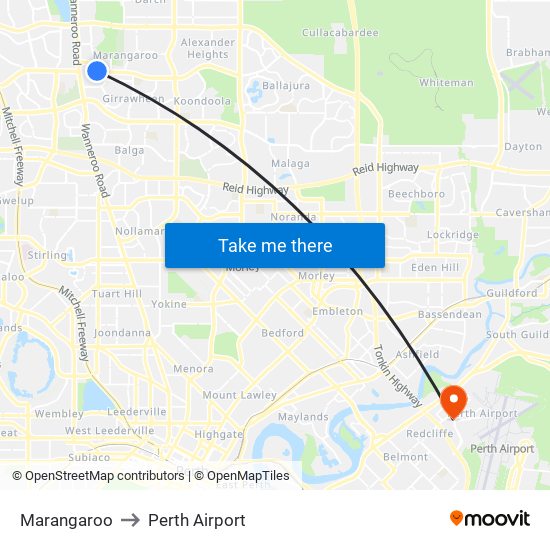Marangaroo to Perth Airport map