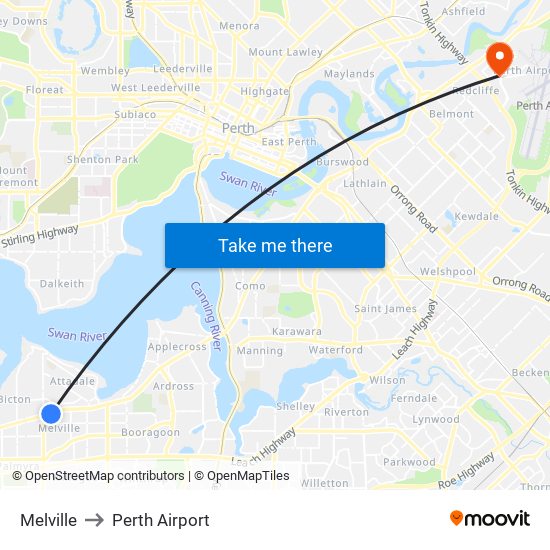 Melville to Perth Airport map