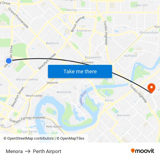 Menora to Perth Airport map