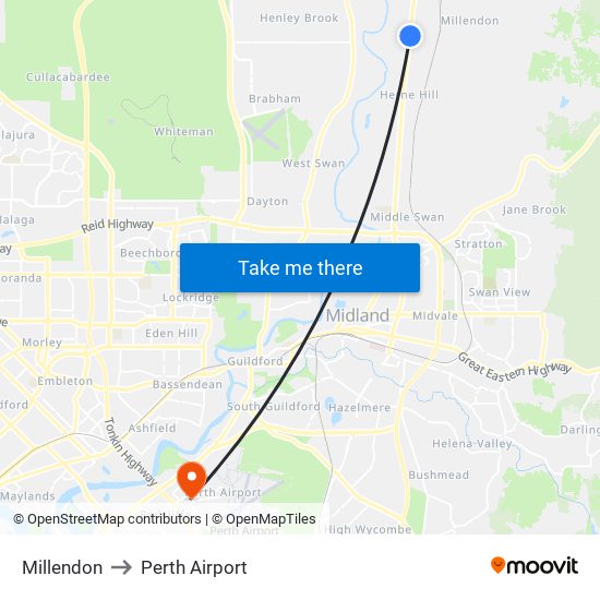 Millendon to Perth Airport map