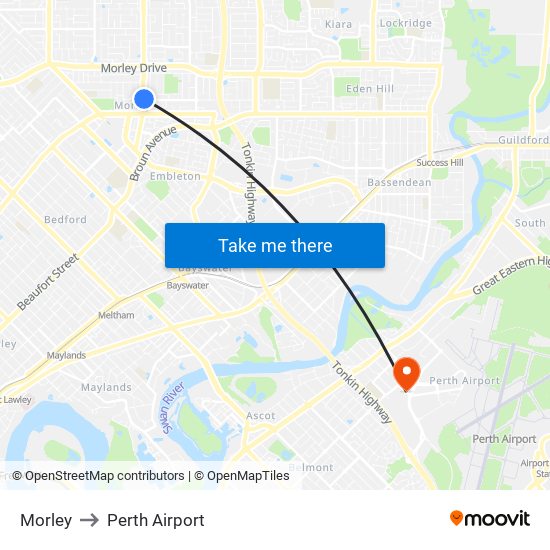 Morley to Perth Airport map