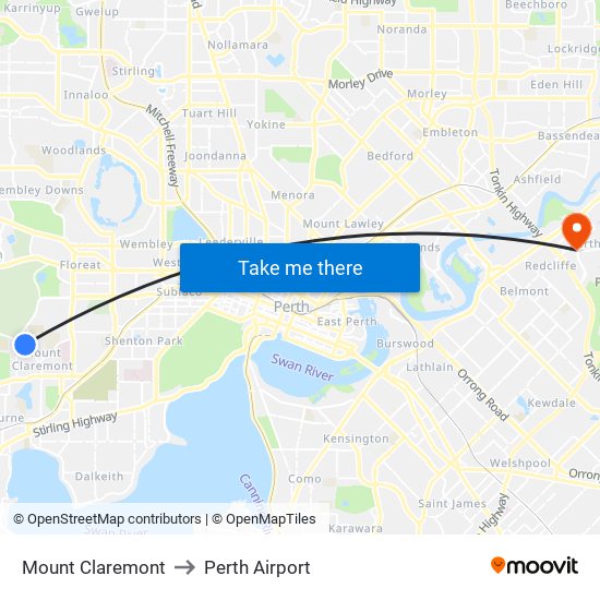 Mount Claremont to Perth Airport map