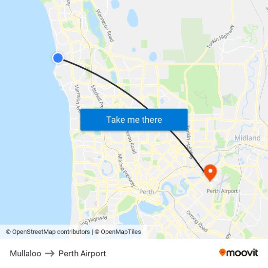 Mullaloo to Perth Airport map