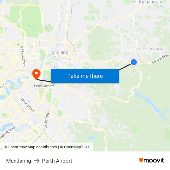 Mundaring to Perth Airport map